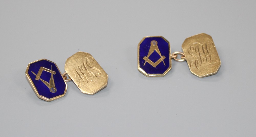 A pair of 1960s 9ct gold and enamel masonic cufflinks, with engraved monograms, 16mm, gross weight 8.6 grams.